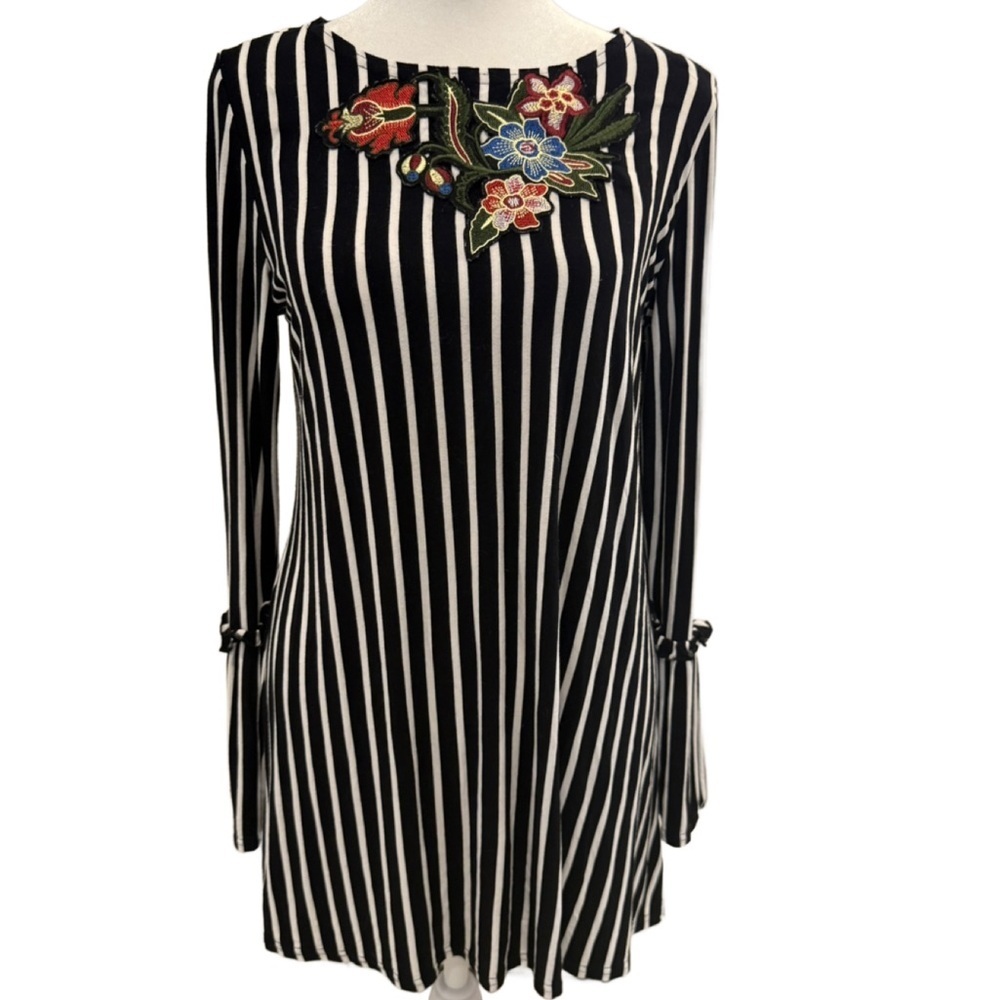 Mishca Striped Long Sleeve Tunic/ Top with Floral Embroidery appliqué. Small